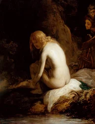 "Susanna and the Elders" (Susanna and the Elders) Målning av Govaert (Govert) Flinck (1615-1660) Olja på trä Dim 49,6x37,8 cm Staatliche Museen, Berlin