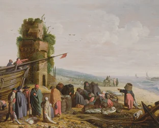 Fiskare på stranden med sin fångst (par med 59984)