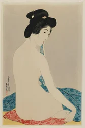 Kvinna efter ett bad, Taisho-eran, juli 1920 (färgsnitt)