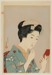 Woman Applying Lip Rouge, Taisho-eran, februari 1920 (trätryck i färg)