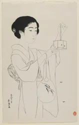 Kvinna som håller en eldflugabur, Taisho-eran, juli 1920 (träblockstryck)