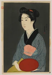Kvinna som håller en bricka, Taisho-eran, januari 1920 (trätryck i färg)
