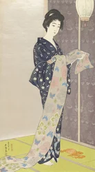 Ung kvinna i en sommarkimono, 1920 (träsnitt i färg)