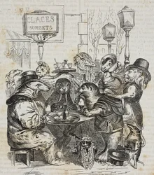 Odjur som sitter i glassbutik, litografi av Giovanni Mariani efter karikatyr av Jean-Jacques Grandville (1803-1847) från Poliorama Pittoresco, n 24, 21 januari