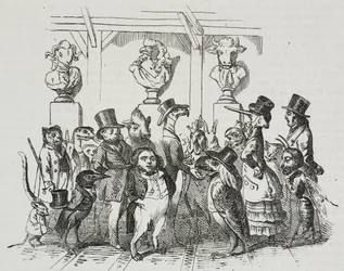 Utgång från teatern, karikatyr av Jean-Jacques Grandville (1803-1847), litografi av Giovanni Mariani från Poliorama Pittoresco, nr 39, 7 maj