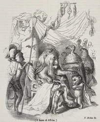 Lion of Africa, karaktären i historien om afrikanska lejon och tre infödda unga lejon, litografi av Filippo Molino (1804-1856) efter teckning av Jean-Jacques Grandville (1803-1847),