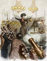 En konsert har ett maskingevär. Tecknad film av Hector Berlioz som dirigerar en orkester. I "" Jerome Paturot på jakt efter en social position"" illustrerad av Grandville.