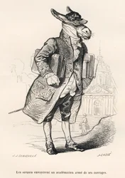 Akademikeråsna lastad med verk. Vinjetter illustrerade av J. J. Grandville. Gravyr signerad av Caque i avsnittet "Åsneguide för djur som vill nå hedersbetygelser", skrivet av Honoré de Balzac, i "Scener ur privat och offentligt liv"