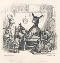 Åsnor i skolan. Vinjetter illustrerade av J. J. Grandville. Gravyr signerad av Caque i avsnittet "Åsneguide för djur som vill nå hedersbetygelser", skrivet av Honoré de Balzac, i "Scener ur djurens privata och offentliga liv". Paris
