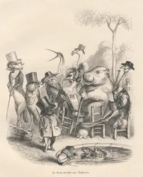 Djur i eleganta kläder går i Tuilerierna. Vinjetter illustrerade av JJ Granville. Gravyr signerad Andrew, Best och Leloir i delen "History of a hase" skriven av PJ Stahl i "Scener av djurens privata och offentliga liv". Slå vad