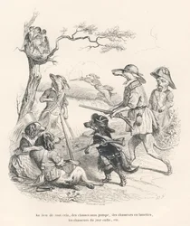 Djur i jägare. Vinjetter illustrerade av JJ Granville. Gravyr av Andrew, Best och Leloir i avsnittet med titeln "Memories of an Old Crow" skriven av PJ Stahl i "Scener från djurens privata och offentliga liv". Paris, J. Hetzel och Pa
