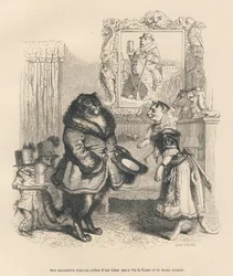 Hovkatt som hälsar på en ung honkatt. Vinjetter illustrerade av J. J. Grandville. Gravyr signerad av Brevière i avsnittet med titeln "En engelsk honkatts hjärtesorger", skrivet av Honoré de Balzac, i "Scener ur djurens privata och offentliga liv". Paris, J