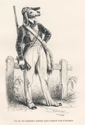 Hund i jaktkläder. Miniatyrer illustrerade av JJ Granville. Gravyr signerad Caque i delen med titeln "Memories of an old crow" skriven av PJ Stahl i "Scener från djurens privata och offentliga liv". Paris, J. Hetzel och Paulin