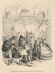 Konsert av insekter på en bal. Miniatyrer illustrerade av JJ Granville. Gravyr signerad Godard i delen med titeln "En fjärils äventyr" skriven av PJ Stahl i "Scener från djurens privata och offentliga liv". Paris, J. Hetzel och Paulin
