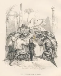 Krokodiler runt ett bord i Egypten. Miniatyrer illustrerade av JJ Granville. Gravyr signerad Andrew, Best och Leloir i delen med titeln "Memories of a crocodile" skriven av Emile de La Bedolliere i "Scener från djurens privata och offentliga liv".