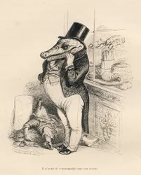Krododil klär sig som en dandy med stor mage. Miniatyrer illustrerade av JJ Granville. Gravyr signerad Breviere i delen med titeln "Minnen från en krokodil" skriven av Emile de La Bedolliere i "Scener från djurens privata och offentliga liv". Paris,