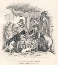 Så snart jag satte min fot på ön blev jag omringad av märkliga djur i statens tjänst. Illustrerade vinjetter av JJ Granville. Gravyr signerad Porret i delen "Voyage d