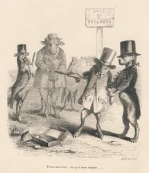 Duell i Bois de Boulogne. Miniatyrer illustrerade av JJ Granville. Gravyr signerad Breviere i delen "Berättelsen om en hare" skriven av PJ Stahl i "Scener ur djurens privata och offentliga liv". Paris, J. Hetzel och Paulin