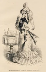 När hon fick se beviset på det hon kallade min omåttlighet. Vinjetter illustrerade av J. J. Grandville. Gravyr signerad av Caqué i avsnittet med titeln "En engelsk honkatts hjärtesorger", skrivet av Honoré de Balzac, i "Scener ur det privata och