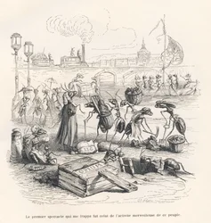 Myror i full aktivitet vid Seines strand. Miniatyrer illustrerade av JJ Granville. Gravyr signerad Porret i delen med titeln "En sparvs resa från Paris" skriven av George Sand i "Scener från djurens privata och offentliga liv". Paris,