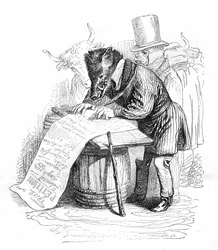 Grandville gravyr ur boken "Djurens privata och offentliga liv (Les animaux painted par eux memes)", Hetzel edition 1867 - Karikatyr: vildsvin som skriver en petition.