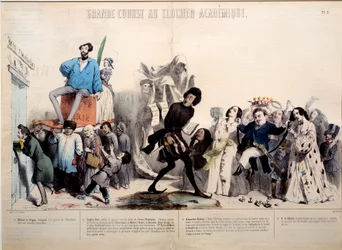 Ett fantastiskt lopp till det akademiska klocktornet. Författarna Alfred de Vigny (1797-1863), Eugene Sue (1804-1857), Alexandre Dumas (1802-1870) och Honore de Balzac (1799-1850) uppmärksammas. Gravyr av Gerard Grandville (1803-1847)
