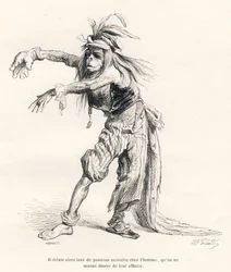 Så många djurpassioner uppstod hos människan, att man inte skulle tvivla på deras affinitet. Vinjetter illustrerade av JJ Granville. Gravyr signerad Porret i delen med titeln "Voyage of an African lion in Paris" skriven av Honore de Balzac i "Scen