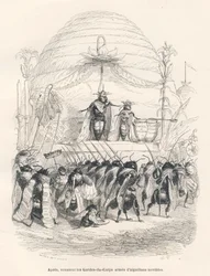 Drottningen och hennes armé. Miniatyrer illustrerade av JJ Granville. Gravyr signerad Andrew, Best och Leloir i delen med titeln "En sparvs resa från Paris" skriven av George Sand i "Scener från djurens privata och offentliga liv". Paris, J.