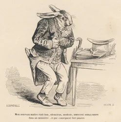Kanin som junioranställd i ett departement. Vinjetter illustrerade av JJ Granville. Gravyr signerad Breviere i delen "History of a Hare" skriven av PJ Stahl i "Scener av djurens privata och offentliga liv". Paris, J. Hetzel och Paulin