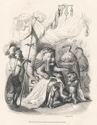Unga lejonungar får lejonkungens välsignelse. Vinjetter illustrerade av JJ Granville. Gravyr signerad Breviere i delen med titeln "Voyage of an African lion in Paris" skriven av Honore de Balzac i "Scenes de la vie privee et publique des