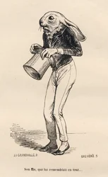 Fega Lievre i dandy kostym. Vinjetter illustrerade av JJ Granville. Gravyr signerad Breviere i delen "History of a Hare" skriven av PJ Stahl i "Scener av djurens privata och offentliga liv". Paris, J. Hetzel och Paulin