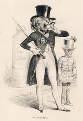Lejon av Paris. Vinjetter illustrerade av JJ Granville. Gravyr signerad Andrew, Best och Leloir i delen med titeln "Voyage of an African lion in Paris" skriven av Honore de Balzac i "Scener av djurens privata och offentliga liv". Paris, J. Hetzel och
