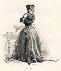 Lejoninna med en pistol och en piska. Vinjetter illustrerade av JJ Granville. Gravyr signerad Andrew, Best och Leloir i delen med titeln "Voyage of an African lion in Paris" skriven av Honore de Balzac i "Scener av djurens privata och offentliga liv"