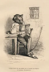 Varg läser i ett fängelse. Miniatyrer illustrerade av JJ Granville. Gravyr signerad Caque i delen med titeln "Criminal Court of Animal Justice" skriven av Emile de La Bedolliere i "Scener från djurens privata och offentliga liv". Paris, J. Hetzel