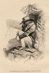 Loup förankrade sig i sin kontemplativa ensamhet. Miniatyrer illustrerade av JJ Granville. Gravyr signerad Caque i delen med titeln "Björnen eller brevet skrivet från berget" skrivet av L. Baude i "Scener från djurens privata och offentliga liv". Paris, J.