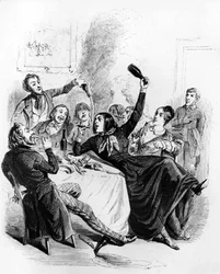 Lunch med pojkar från de 2 könen : män och kvinnor som dricker alkohol och röker, teckning av Jean Ignace Isidore alias JJ Grandville