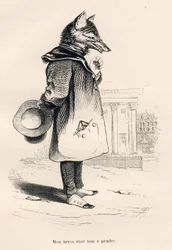 Min hjälte var bra att ta. Vinjetter illustrerade av JJ Granville. Gravyr signerad Godard i avsnittet med titeln "En räv fångad i en fälla" skriven av Charles Nodier i "Scener av djurens privata och offentliga liv". Paris, J. Hetzel och Paulin