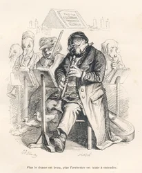 Orkester med en hund som spelar flöjt med kycklingar som kommer ut ur musikinstrumentet. Miniatyrer illustrerade av JJ Granville. Gravyr signerad Caque i delen med titeln "The first serial of Pistolet" skriven av Jules Janin i "Scenes de l