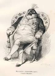 Påfågel sitter i sin stol. Vinjetter illustrerade av JJ Granville. Gravyr signerad Porret i delen med titeln "Guide-åsna för användning av djur som vill uppnå utmärkelser" skriven av Honore De Balzac i "Scener av privat och offentligt liv i en
