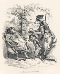 Fox stannade av en hund. Miniatyrer illustrerade av JJ Granville. Gravyr signerad Godard i delen med titeln "En räv fångad" skriven av Charles Nodier i "Scener från djurens privata och offentliga liv". Paris, J. Hetzel och Paulin
