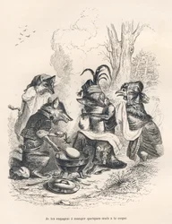 Rävar som äter ägg a la coq framför en gråtande höna. Vignetter illustrerade av JJ Granville. Gravyr signerad Godard i delen "Un renard pris au piege" skriven av Charles Nodier i "Scenes de la vie privee et publique des animaux".