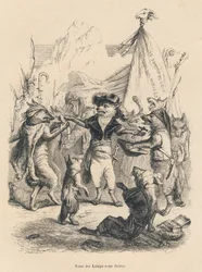 Vargarnas revolution och vargens frihet och rättigheter. Illustrerade vinjetter av JJ Granville. Gravyr signerad Godard i delen "Voyage d