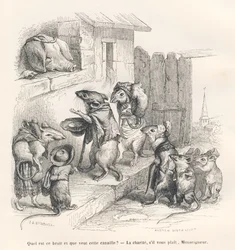 Mus som ger välgörenhet till en gris. Vignetter illustrerade av JJ Granville. Gravyr signerad Andrew, Best och Leloir i delen "Le rat philosophe" skriven av Edouard Lemoine i "Scenes de la vie privee et publique des animaux". Paris, J. Hetz