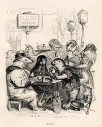 Ett kafé som besöks av alla slags djur. Miniatyrer illustrerade av JJ Granville. Gravyr signerad Godard i delen med titeln "Resan för ett afrikanskt lejon till Paris" skriven av Honore de Balzac i "Scener från djurens privata och offentliga liv". P
