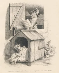 En lat hund i sin kennel väckt av en tupp som galar i gryningen. Miniatyrer illustrerade av JJ Granville. Gravyr signerad Breviere i delen "Berättelsen om en hare" skriven av PJ Stahl i "Scener ur djurens privata och offentliga liv". Paris