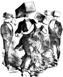 Osignerad illustration till partituret till ett verk av Emile Fischer med titeln "Polka des hamteaux", slutet av 1800-talet - början av 1900-talet - denna anonyma komposition påminner lika mycket om föregångaren Grandvilles uppfinningar som om framtida sur
