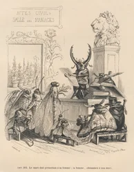 Insekts bröllopslöften. Miniatyrer illustrerade av JJ Granville. Gravyr signerad Godard i delen med titeln "En fjärils äventyr" skriven av PJ Stahl i "Scener från djurens privata och offentliga liv". Paris, J. Hetzel och Paulin