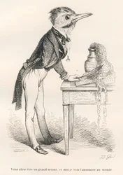 Ni kommer att bli en stor lärd, och jag ska tillkännage det för världen. Gravyr signerad av Tamisier i avsnittet „Åsneguide för djur som vill uppnå hedersbetygelser“, skrivet av Honoré de Balzac