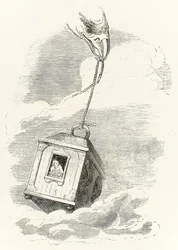 Gulliver flyr Brobdingnag när hans låda grips av en örn som tappar den i havet, från Gullivers Travels av Jonathan Swift
