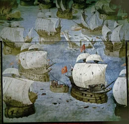 SJÖSLAG PÅ AZORERRNA (1571) - ERÖVNING AV DEN TREDJE ÖN - FÄRSK MÅLNING 1585 - ÅTERSTÄLLD